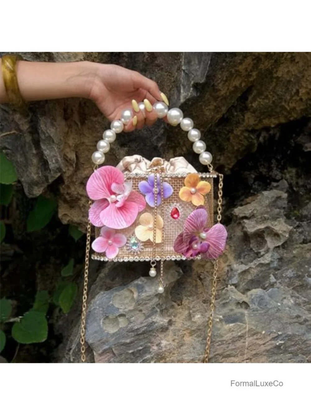 Evening Bag Flower Shaped Rhinestone Gold Metallic Bucket Crossbody Clutch Party